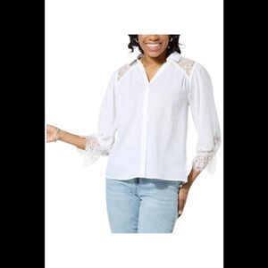 TWRHLL Women's Lace Sleeve Button-Down Top White - Regular